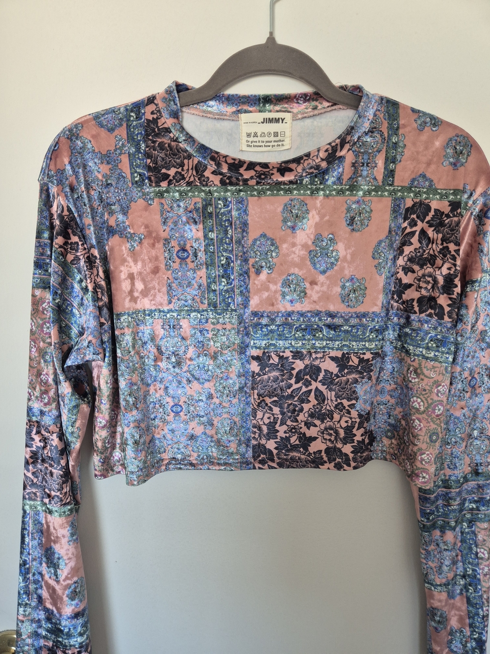Pink Patchwork Velvet Crop Long-Sleeve Top - Picture 3 of 6